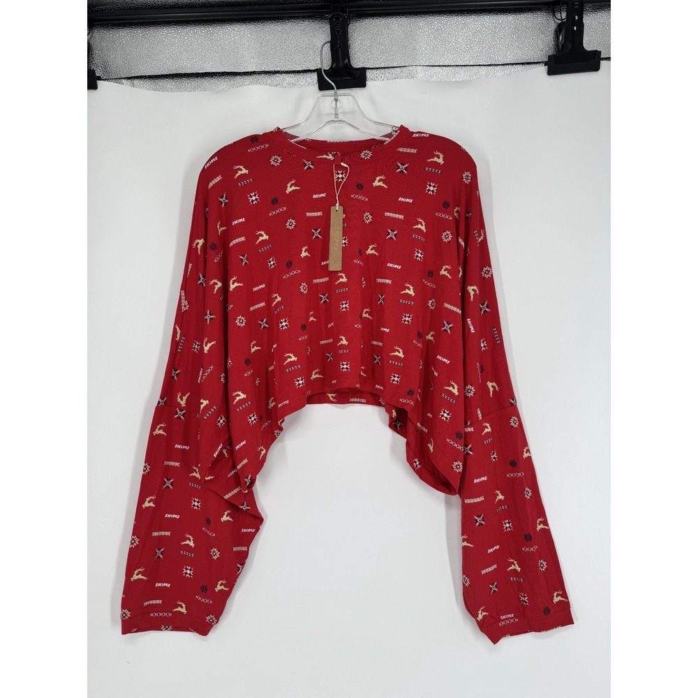 SKIMS Cropped Tee T Shirt Sleep Top Cranberry Vintage Deer Print Christmas Mediu